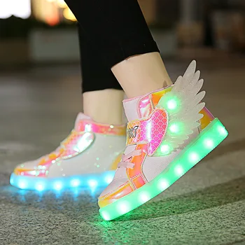 Нова мода пролет-есен детски обувки с led подсветка, заряжаемая чрез USB, детски семицветные леки маратонки С като, Размер 27-37