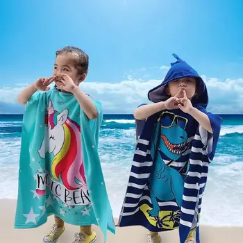 Ново плажна хавлия с качулка с анимационни принтом, наметало за момчета и момичета, Детски быстросохнущий детски халат от микрофибър, впитывающий слънцезащитен крем.