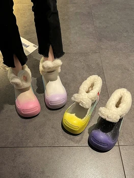 Дамски обувки, топла памучен обувки, есен и зима, плюш, 2023, нови къси ботуши, мини зимни обувки наклон цвят.