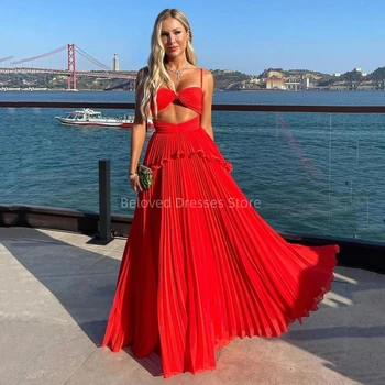 Шифоновые Червени плисирани рокли за абитуриентски, вечерни рокли на спагети презрамки, дамски плажни рокли за партита, Vestidos Para Mujer Elegantes Y Bonitos
