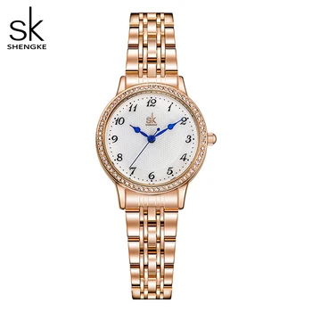 Швейцарската марка Shengke Дамски часовници е от неръждаема стомана Розово злато Прости Водоустойчив Светещи дамски часовници Луксозни Кристални Елегантни часовници