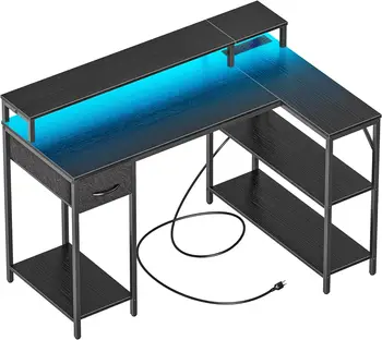 Игрална маса SUPERJARE L-образна форма с led осветление и контакти, чекмедже за компютърни рафтове, ъглов дом