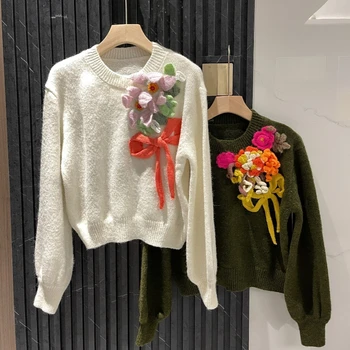 Есенно-Зимния пуловер 2023, Нови дамски Пуловери с цветен модел, който е Кръгъл отвор, Свободни Дебели възли блузи, Плетива