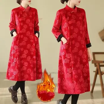 китайското винтажное рокля 2024 година, подобрено утепленное рокля ципао на руното лигавицата, ципао с флорални принтом, източно ретро рокля ципао в стил ципао