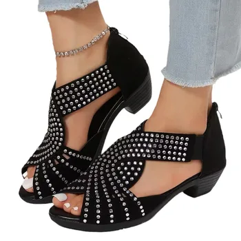 Нови модни удобни сандали; Дамски домашни обувки с кристали и цип; дамски обувки с отворени пръсти;
