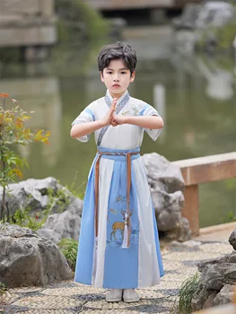 Детски Древния традиционен костюм за момчета, Бяла бродерия, С костюм Hanfu, Китайското рокля, Костюм за момче Тан