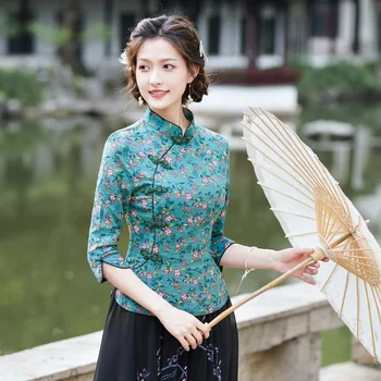 Дамски къси блузи Рокли 2023, Зимни памучен бродерия на яката-часова, удебеляване, стегнати ризи Qipao в китайски стил, женски