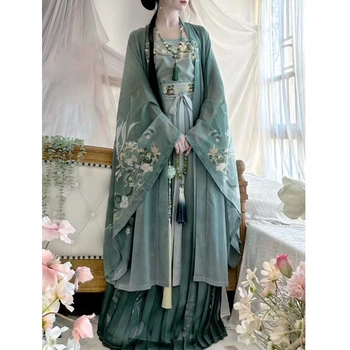 Рокля Hanfu, наметало Династия, блузи, Поли, Женски Китайски класически ретро женски костюм за cosplay на Хелоуин, зелено с принтом, комплект от 3 броя