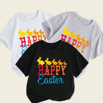 Тениска за почивка момчета, Великденски детски дрехи 2024, пролет и лято, пуловер с къс ръкав и кръгло деколте с анимационни принтом заек 0