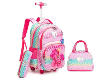 Детски куфар на колела, раница на колела с пакет за обяд, чанта за писалки, училищен раница на колела за момчета, училищна чанта за количка за момичета