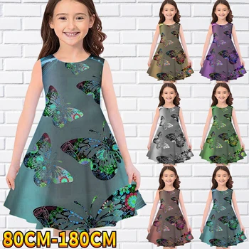 Детска рокля без ръкави за малки момиченца, дрехи за момичета с 3D принтом пеперуди, ежедневното Хубава рокля над коляното, без ръкави 80-180 см