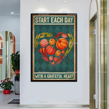 Веганство Вегетарианец Започвайте Всеки Ден с Благодарни ретро плакат във формата на сърце, с монтиран на стената Арт Принт Начало Декор Платно Плакат Подарък