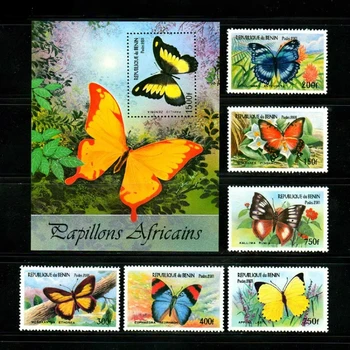 6 БР. + 1, Бенин, 2001 г., марката с пеперуди, истинска оригинална пощенска марка, MNH