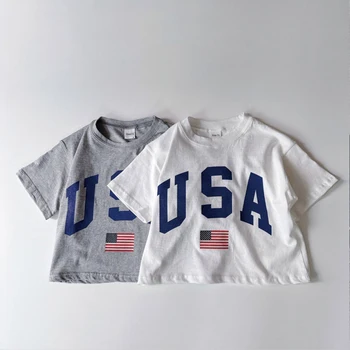Тениска с къс ръкав с принтом хартата на САЩ за най-малките момчета, ежедневни панталони, дрехи за момчета, Памучен дрехи за момичета, върхове Лято 2024