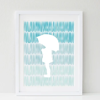 Момиче с чадър под дъжда, артистични щампи, Стенни картина, украса за дома, акварел, плакат на платното за момичета