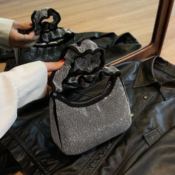 Модни дамски чанти през рамо с диаманти, луксозни чанти през рамо с цип, мека дамски чанти-тоут, трендови чанти под мишниците, черни