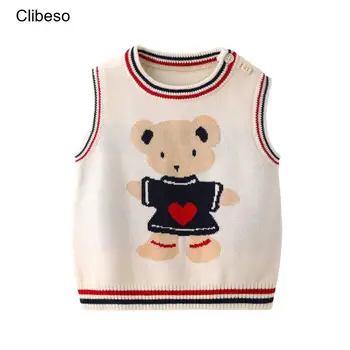 2024 Clibeso Детски вязаный пуловер за момчета, жилетки за бебета, вязаный жилетка без ръкави с анимационни мечка, модерни плетени блузи за деца