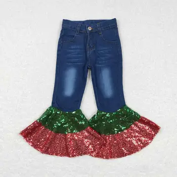 Търговия на едро с Панталони-Камбанка с пайети с цип за Деца, Панталони За Малки Момичета, Детски Дънки, Детски Коледна Дрехи с джобове за Бебета