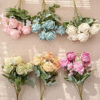 6 глави изкуствено цвете Букет от европейския рози сватбена украса за дома Ръчно букет Пътен полето цвете Фалшив цвете