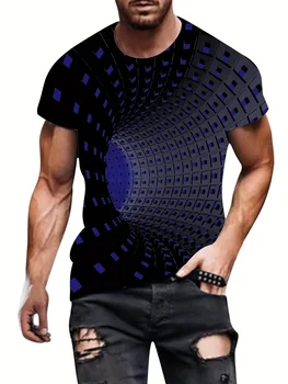 Мъжка тениска с къс ръкав с цветни 3D модел, Летен случайни пуловер, мъжки модерен топ с безплатен ръкав