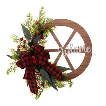 Коледен венец, за украса на входната врата, Зимни гирлянди, колелото, червени горски плодове, лък, изкуствен венец за дома за партита на закрито