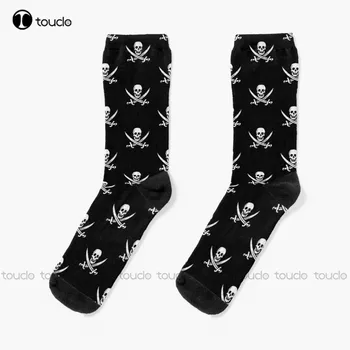 Чорапи с шарени Забавна Роджър и пиратски флаг Calico Jack Sword, чорапи-скелети, Коледна мода, коледен подарък, 360 ° Цифров печат по поръчка