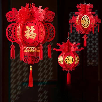 Традиционен китайски коледен червен Фенер, украса на Пролетния фестивал, Нетъкан червен фенер с пискюл, аксесоари за партита