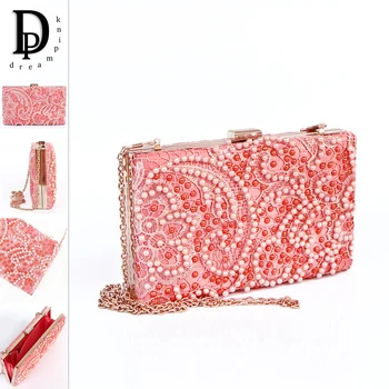 Луксозна дамска вечерна чанта-клатч с мъниста и дантела елегантна дамска чанта с метален клипс и перли, чанта за партита, розова дамски сватбената чанта на верига за ръце.