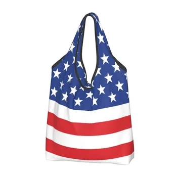 Изработена по поръчка на Чанта за пазаруване с флага на сащ, Дамски преносима чанта за пазаруване с голям капацитет, Чанти за пазаруване Звезди САЩ