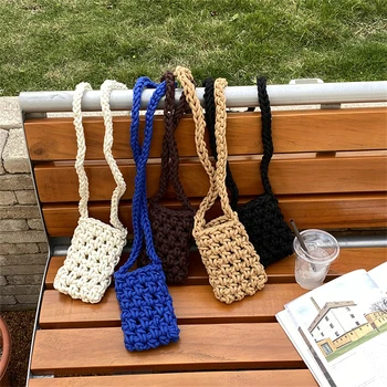 Дамски сламени плетени възли чанти, выдалбливают чанти-тоут за пазаруване, Модни чанти през рамо, свързани с кука, джобни телефони, дамски портфейл