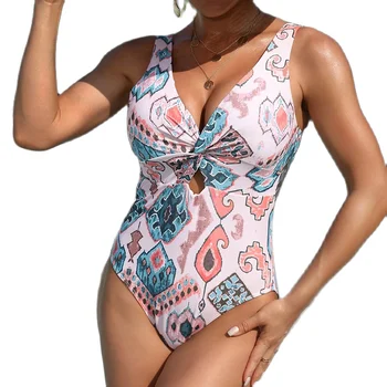 2024 Нов дамски цял бански с перекрученным кръст на гърдите, сексуална ниспадающее дупка отпред, високо Еластичен Ретро принт, разпродажба на бански костюми в големи размери