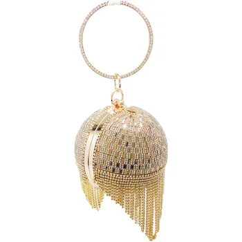 Дамски кръгла чанта с пискюли 13x13 см, украсени с диаманти, чанта на верига за вечеря с диаманти L0659