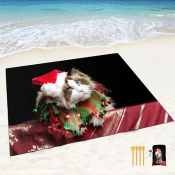 Плажна одеяло със защита от пясък, голям водоустойчив плажен мат с коледните котка, джобно быстросохнущее улично одеяло за пътуване, къмпинг, разходки