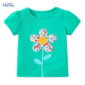 Little maven/ Нова Детска тениска за момичета с цветя аппликацией и бродерия, Красиви Тениски, Бебешки дрехи, Летни блузи за малки момичета, Върхове