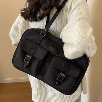 Модерна чанта през рамо с нишов дизайн, двойни джобове, модерна чанта за голям капацитет, ежедневни универсална женска чанта-тоут в елегантен стил.
