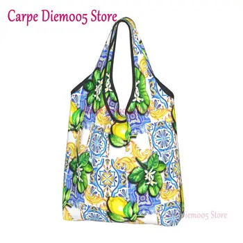 Рециклиране на Средиземноморска плочки Летни Плодове Лимони Пазарска чанта Дамска чанта-тоут Преносими чанти за пазаруване на продукти