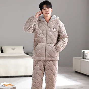 Зимата е плътен топъл пижамный комплект за мъже, трехслойная памучен пижама с цип, Ежедневни Удобни мъжки пижами с качулка