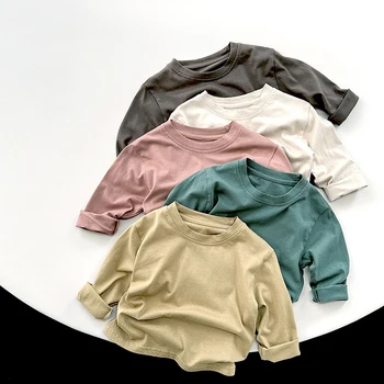 Детски тениски ярки цветове в ретро стил от 100% памук, новост пролетта 2023 година, всеки ден обикновена блузи с дълъг ръкав за момчета и момичета WTB60