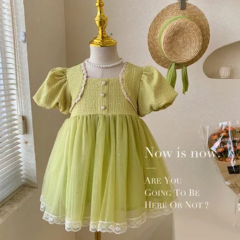 Зелена детска рокля 2023, лятна рокля-пакетче принцеса с ръкави-мехурчета и пайети, бебешка рокля-пакет за момичета, рокли за Парти по случай рожден Ден, детски дрехи