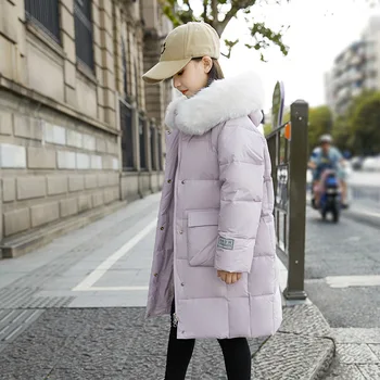 2023 Зимна мода за момичета, Дълъг пуховик с кожа качулка, детско гъст топло палто с цип, връхни дрехи