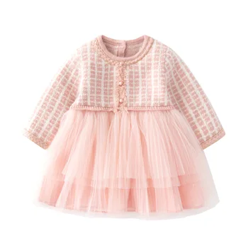 Есенно-зимния трикотажное рокля за малки момичета, модерно сетчатое рокля-пуловер в стил мозайка, детски дрехи за момичета