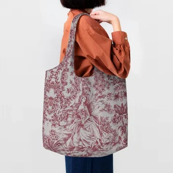 Класическа червена чанта за пазаруване с френски модел Toile De Jouy, дамски холщовая чанта-тоут, преносими чанти за пазаруване в магазини за хранителни стоки