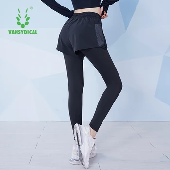 VANSYDICAL 2 В 1 Панталони за йога, дамски спортни компресия чорапогащи в стил мозайка, женски гамаши за тренировки във фитнеса с джоб 0