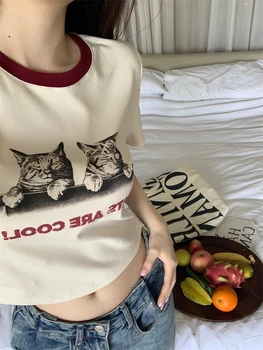 Y2K Къс контрастная тениска с принтом котка, женска приталенная тениска с къс ръкав, эстетичные графични тениски, шик върховете в корейски стил Хай стрийт