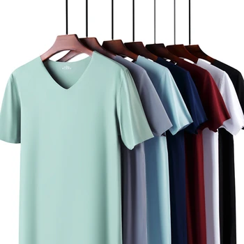 2022 Мъжки тънка тениска Ice Silk с къс ръкав, без годишна основни цветове, монтиране V-образно деколте, безшевни къс ръкав