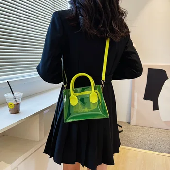 Нова мода дамски стилен желейная чанта цвят карамел, мини-плажна чанта-тоут, прозрачна чанта през рамо, Ясна странична чанта за момичета