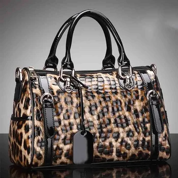 Ефектни дамски чанта с леопардовым принтом в ретро стил от естествена кожа, луксозна чанта през рамо и портмонета, голяма Бостонская чанта, новост зимата