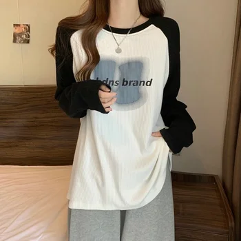Женска тениска с голям размер с дълги ръкави, Корейската мода, с писмото принтом, Свободен топ с контрастиращ цвят, дамски дрехи, ризи за жени 0
