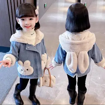 зимна деним яке за момичета, детски яке с качулка от вълна от овце с заячьими уши, памучен стеганая яке от 2 до 7 години