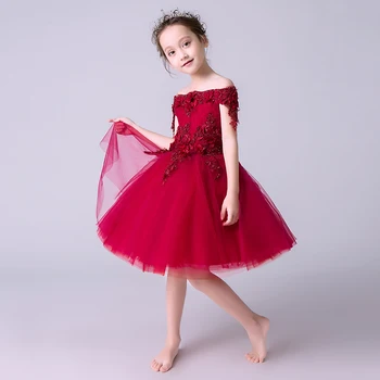 Блестящо Червено Тюлевое Без Презрамки Рокля За Първо Причастие, Рокли с Цветя Модел за Момичета, Елегантна Рокля на Принцеса с Цветен Модел за Кръщаване на Детето